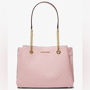 Michael Kors Teagen Long Drop Satchel Shoulder Tote Bag MK Signature Pink